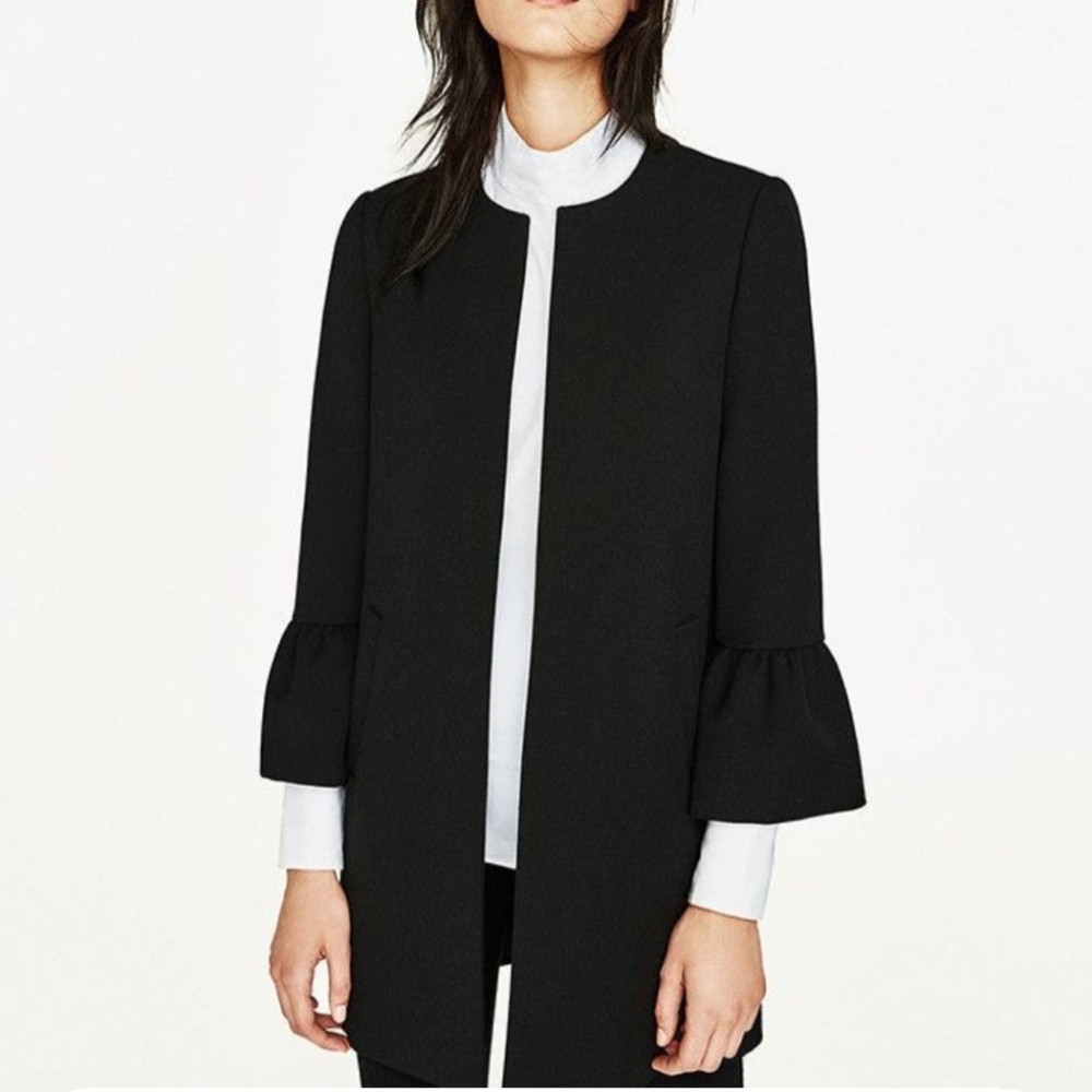 Zara Black Ruffled Bell Sleeve Classic Feminine Fall Goth Chic Coat Jacket